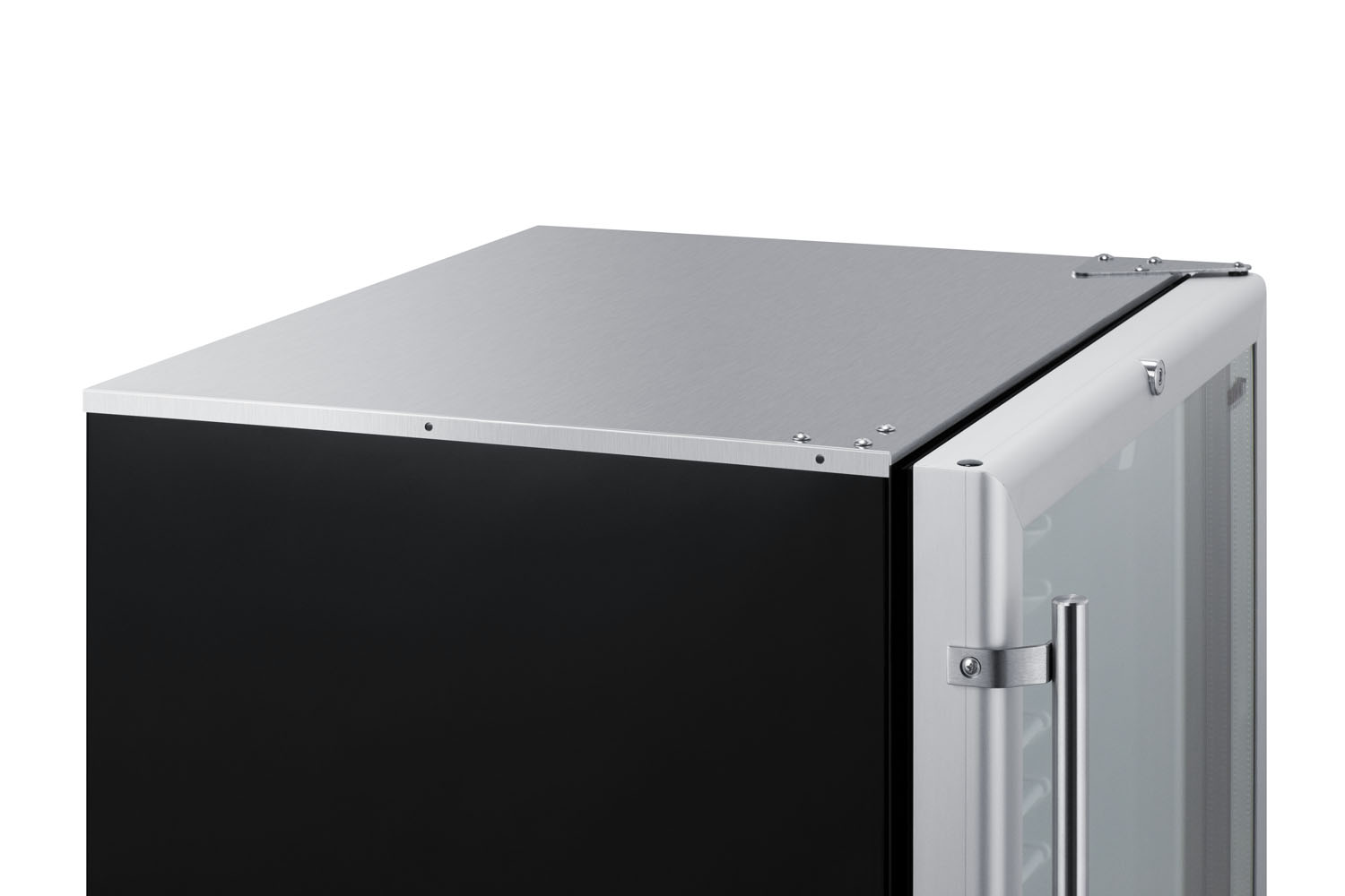 Commercial 5.5 cu.ft. glass door beverage center with stainless steel work surface, front lock, and pre-installed 1